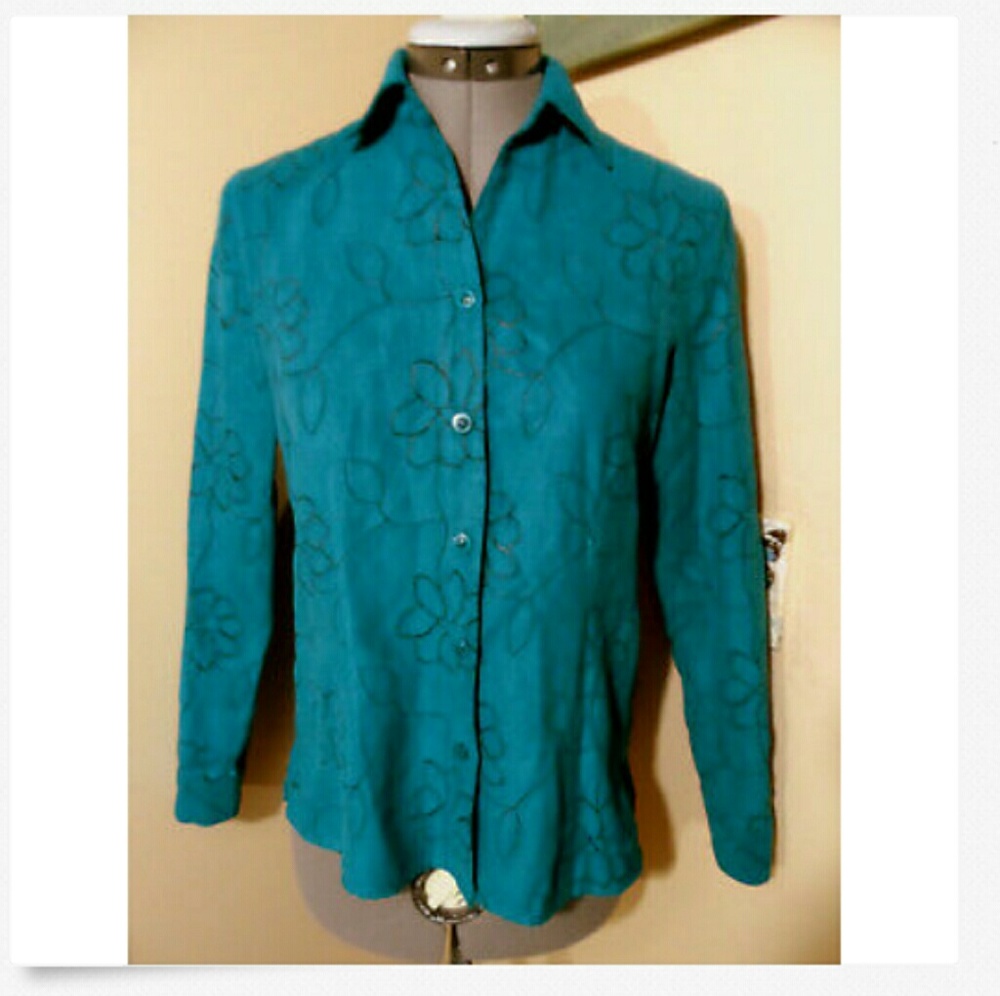 SAG HARBOR Floral Blouse PS Teal Blue embroidered